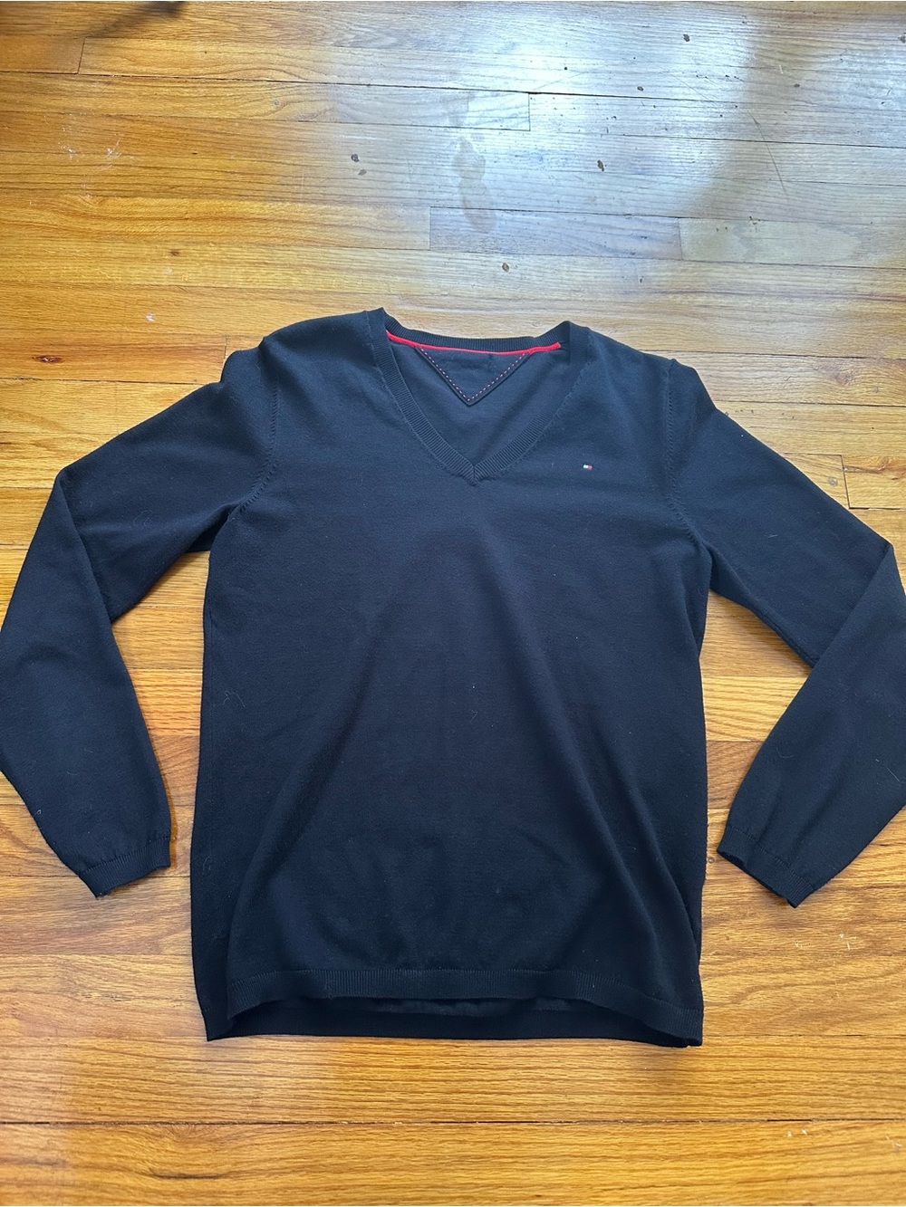 Tommy Hilfiger Men's Black V-Neck Sweater with Red Trim